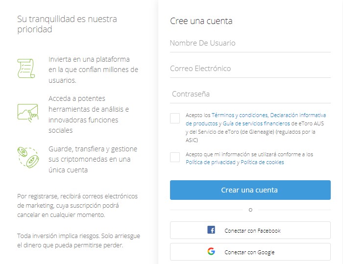 Formulario de registro eToro